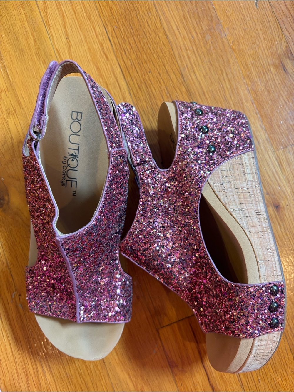 Corky’s Pink Glitter Platform Wedges Velcro Closure 6